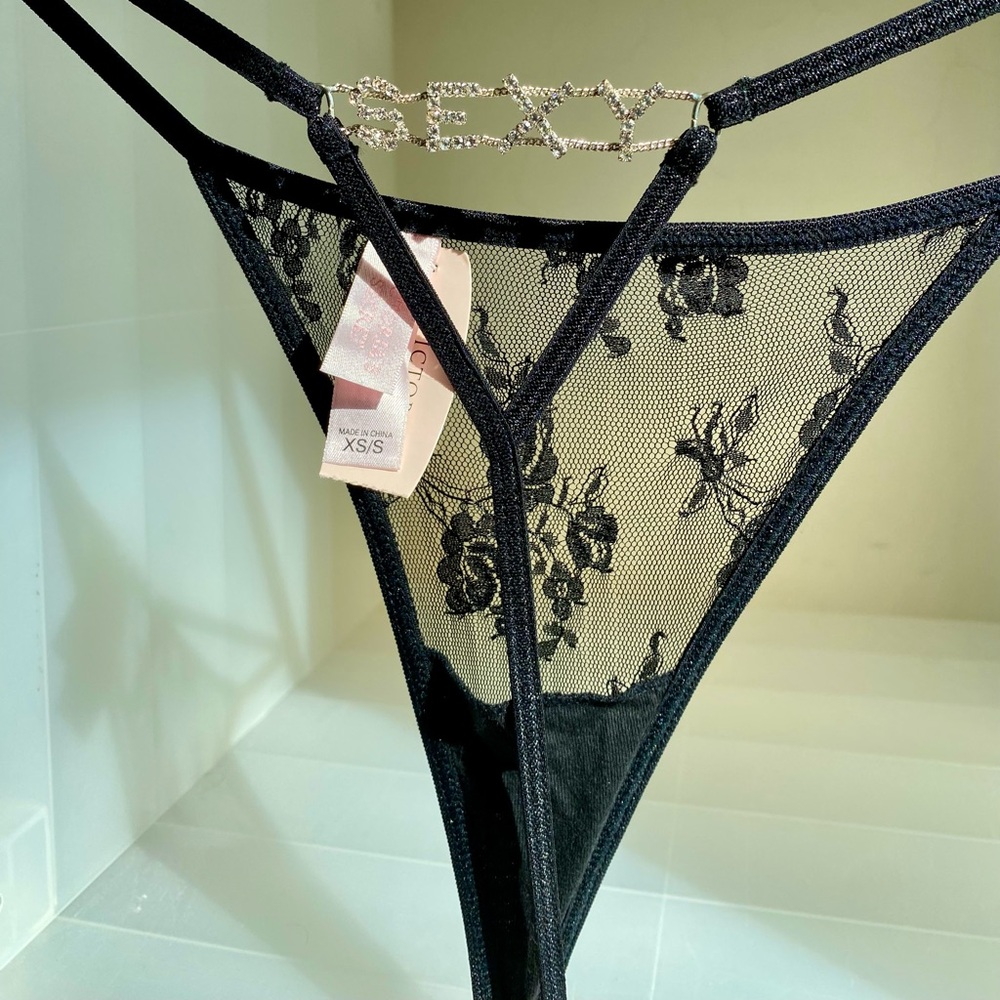 Victoria's Secret Black Floral Lace Thong with rhinestone details (sexy)